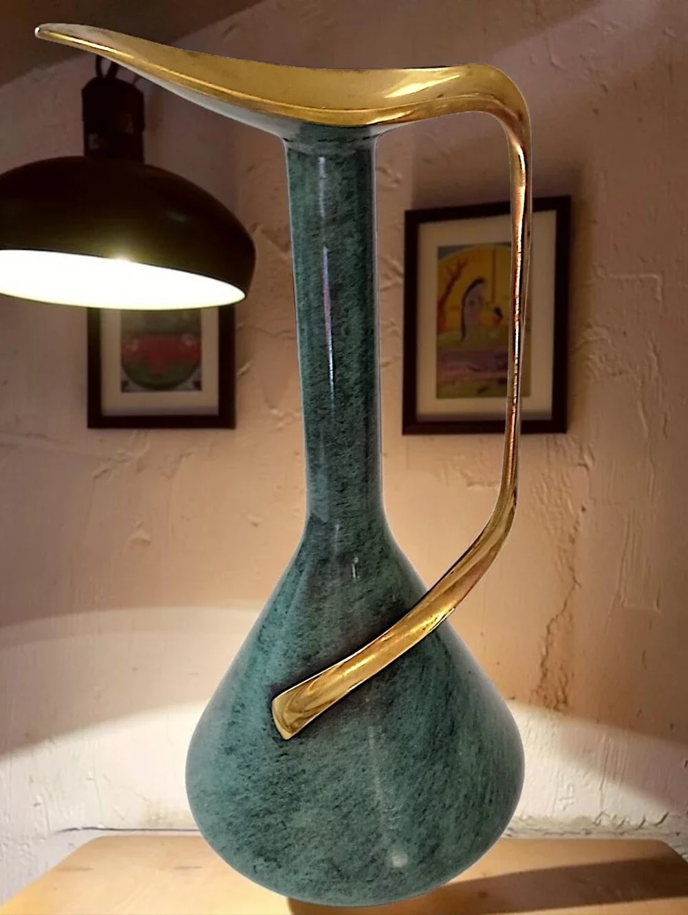 Vintage Pal Bell Brass Ewer Pitcher Israel Green Enamel MCM Modernist Freeform